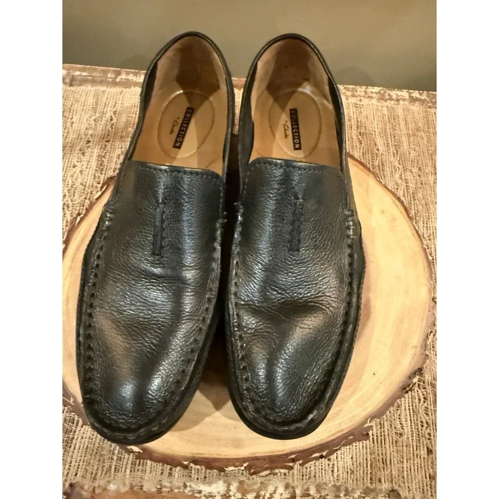 Clarks Benero Race Mens Blk Leather Slip On Moccasin Loafers‎ Shoes Size 8.5
